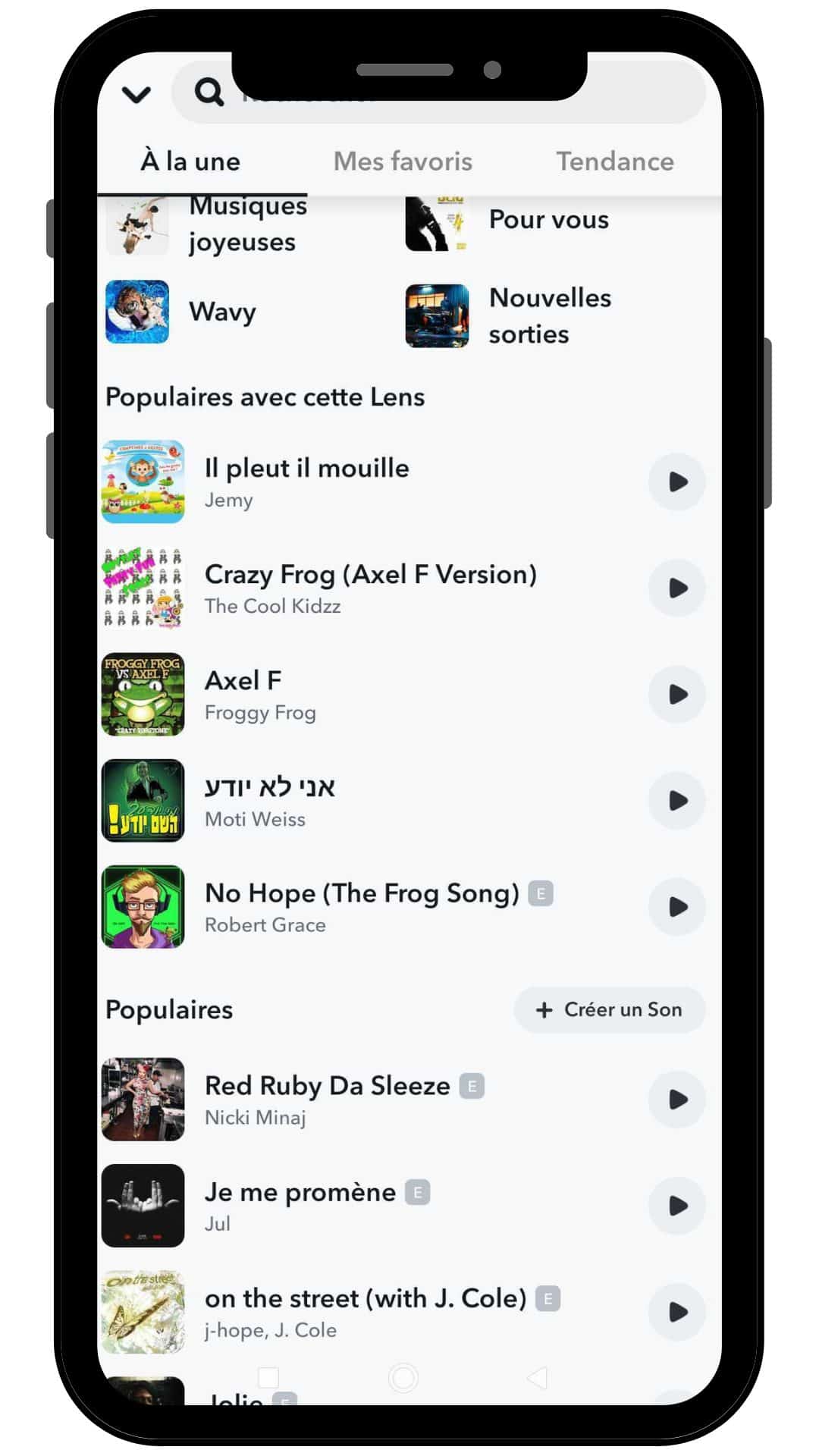 screenshot musique populaire pour filtre Snapchat sur Spotlight